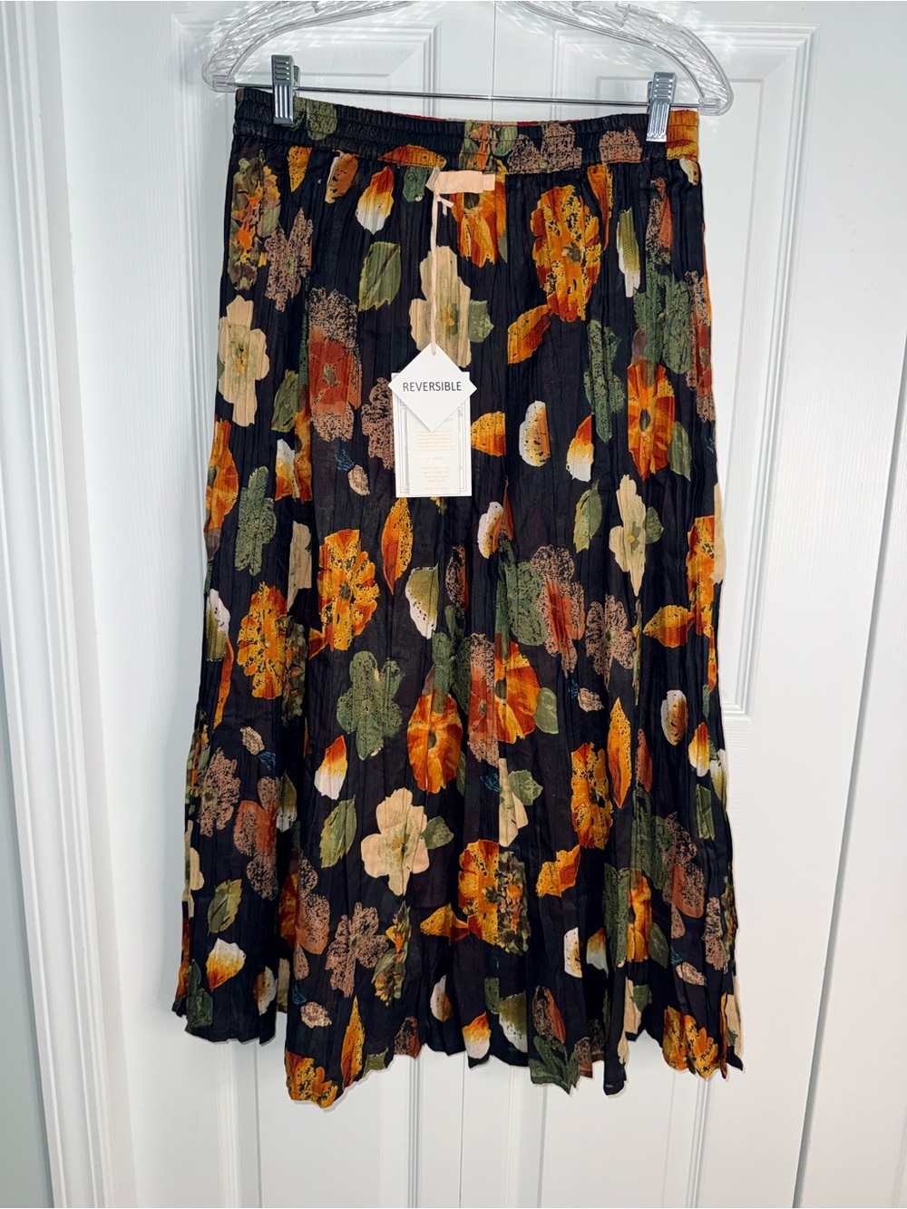 La Cera Reversible Floral Broomstick Midi Skirt Medium Cotton Crinkle Boho